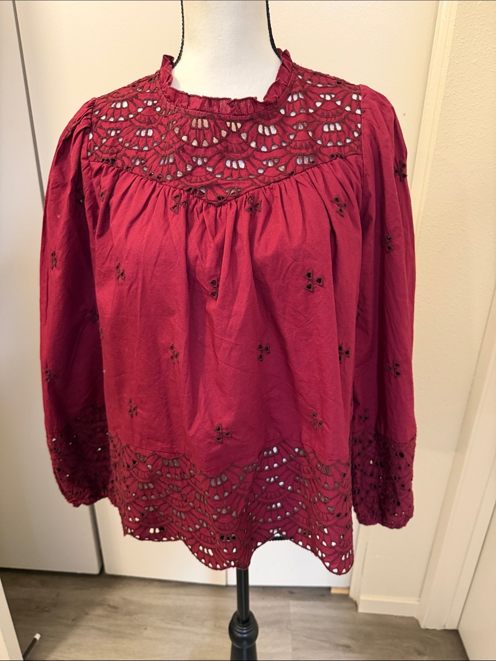 Women's Embroidered Eyelet Peasant Top - burgundy wine color